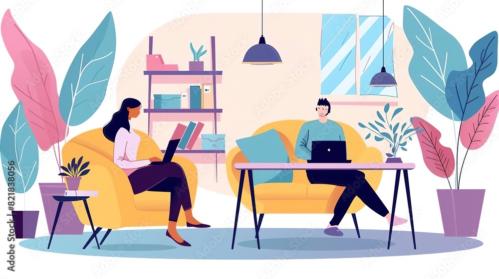 A man and a woman are sitting in a modern office space, working on their laptops A man and a woman are sitting in a modern office space, working on their laptops