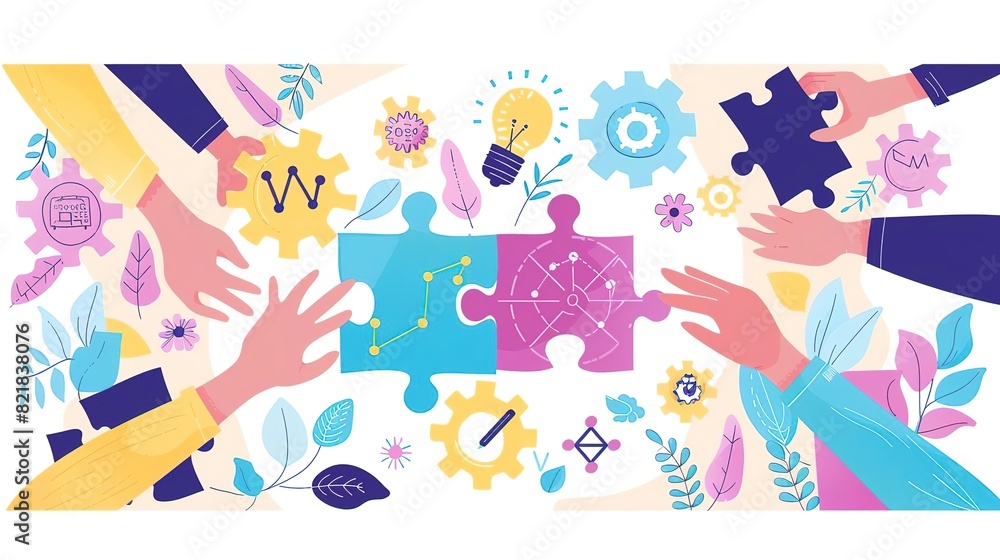 A group of diverse hands holding puzzle pieces of various colors and designs, coming together to form a larger picture A group of diverse hands holding puzzle pieces of various colors and designs, coming together to form a larger picture