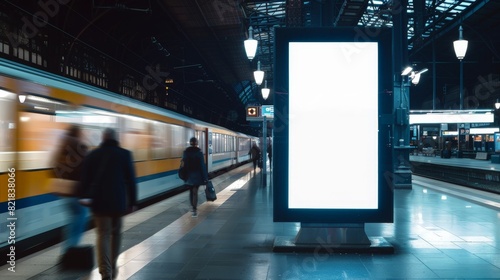 Fototapeta Naklejka Na Ścianę i Meble -  In the heart of the train station, a lightbox vertical billboard with a blank digital screen stands out. This mockup, featuring a white poster, is ideal for displaying public information or ads to 
