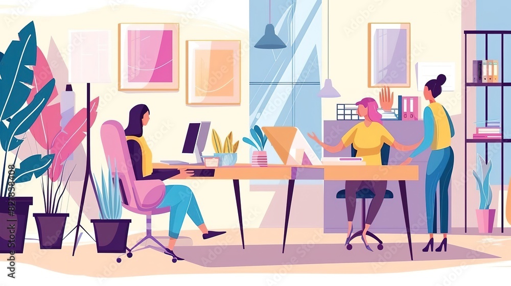 A professional woman sits at her desk, working on her computer. She is wearing a suit and has her hair in a bun. The office is decorated with plants and artwork. A professional woman sits at her desk, working on her computer. She is wearing a suit and has her hair in a bun. The office is decorated with plants and artwork.