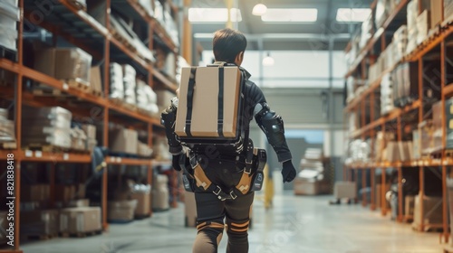 The worker is wearing a high-tech full body powered exoskeleton as he walks with a heavy cardboard box. The exosuit improves human performance, strength, and eliminates work-related injuries.