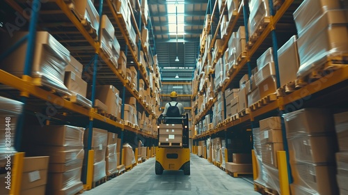 There are many shelves with goods in a retail warehouse. A forklift driver lifts a pallet containing cardboard boxes on a shelf. In the distribution center, workers are scanning products, using