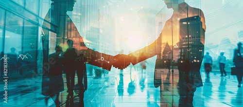 double exposure of business handshake with network connection and people silhouette in office building background