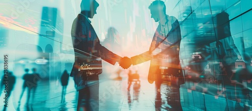 double exposure of business handshake with network connection and people silhouette in office building background
