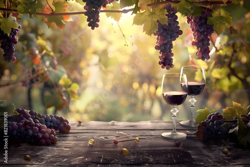 Two glasses of red wine and ripe grapes on a table in the vineyard. Selective focus.