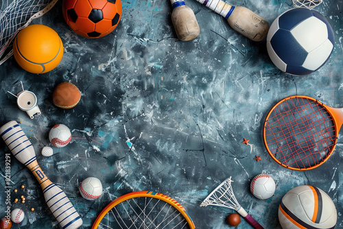 sports background with different balls and sports equipment  