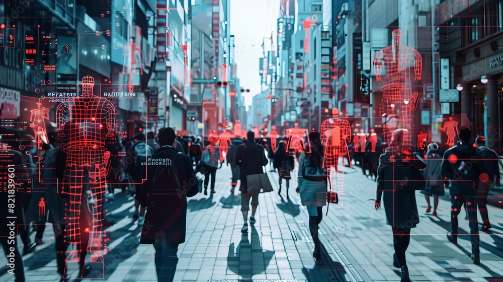 Obraz premium A large crowd of business people is scanned by modern technology and displayed as a picture. CCTV AI Facial Recognition Big Data Analysis Modern Interface Scanning, Displaying Personal Information.