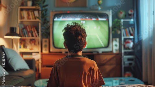 The child is watching a soccer match on the retro TV in a old-fashioned room with an outdated interior. He supports his favorite football team and feels proud when they score a goal. Nostalgic photo