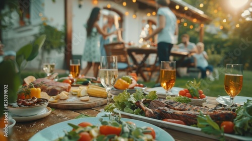 Backyard Dinner Table with Tasty Grilled Barbecue Meat, Fresh Vegetables and Salads. Happy People Dancing to Music, Celebrating and Having Fun in the Background.
