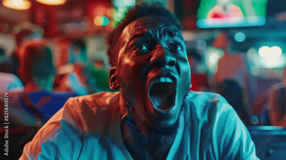 Watching a Live Soccer Match on TV in a Sports Bar. Cheering and Shouting Fans. Young Black Male Stressed During The World Cup. Watching a Live Soccer Match on TV in a Sports Bar. Cheering and Shouting Fans. Young Black Male Stressed During The World Cup.