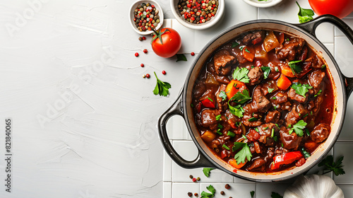 Delicious goulash in pot on white tiled table top view