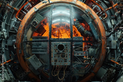 A close up of a space shuttle cockpit with a glowing orange light in the center