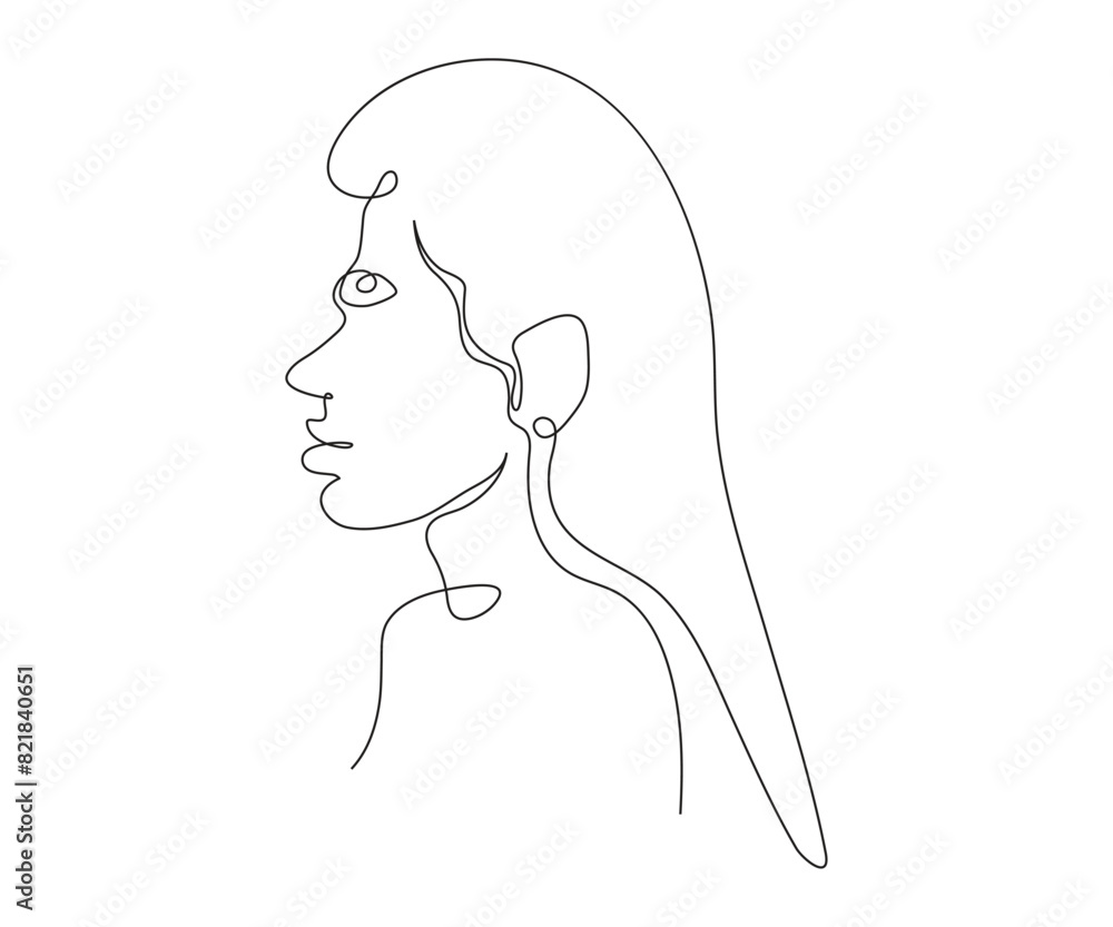 woman face line silhouette. One line drawing, woman face, One line face Female, Portrait profile silhouette of a female head, young woman girl with beautiful hairstyle