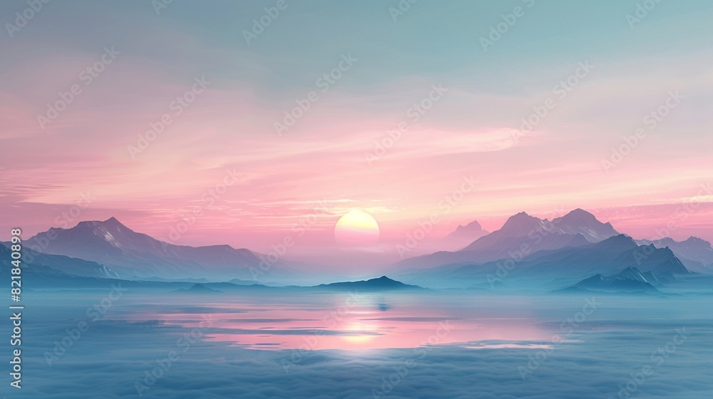A gentle pastel sunset painting the horizon in hues of peach, lavender, and baby blue, casting a soothing glow over a serene landscape.
