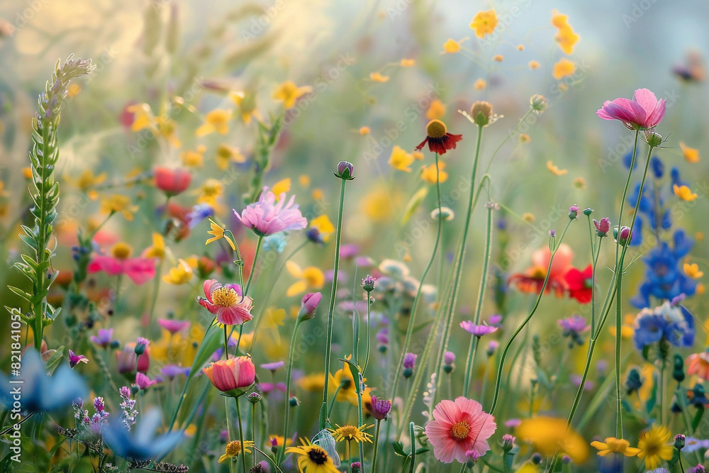 Spring meadow full of colorful wild blooms, perfect for a living room or sunroom, capturing the essence of renewal and the vibrant life of spring 