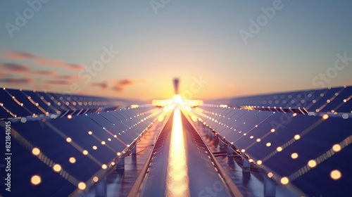 Concentrated solar power (CSP) plant with rows of mirrors reflecting sunlight onto a central receiver tower, where the concentrated solar energy  photo