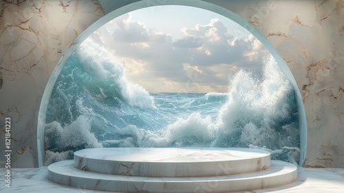 Minimal style podium stage with ocean waves background. Suitable for summer and water product launches.