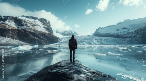 A man standing at melting glacier, with receding ice revealing a rocky landscape. visually depicts the impact of climate change photo