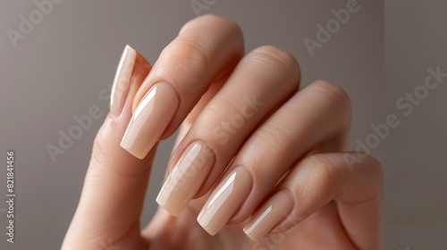 In this image  a woman s hand with a stunning neutral-colored manicure on long square nails is highlighted. The gel polish provides a sleek finish against the neutral gray background.