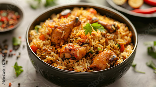 Delicious rice with chicken served on light grey table