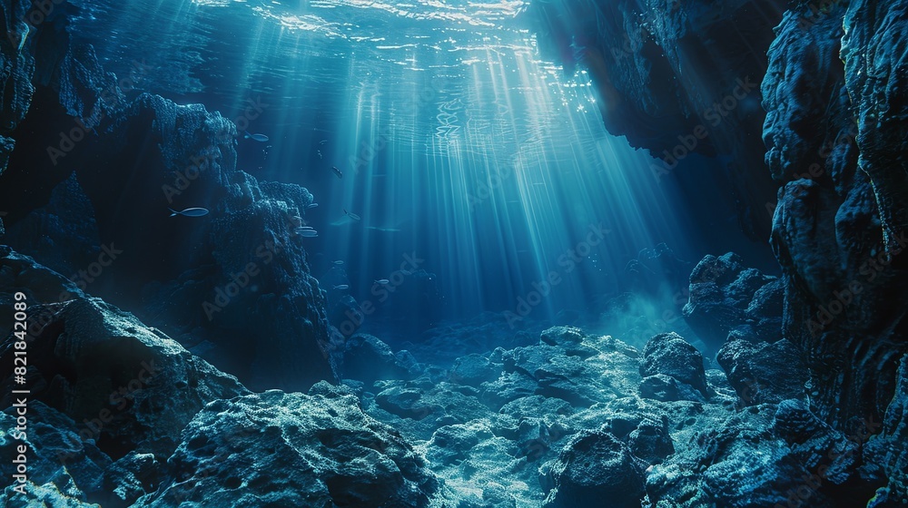 Obraz premium Underwater view of a deep sea canyon with rocks and sun rays through the water surface
