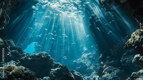 Underwater view of a deep sea canyon with rocks and sun rays through the water surface