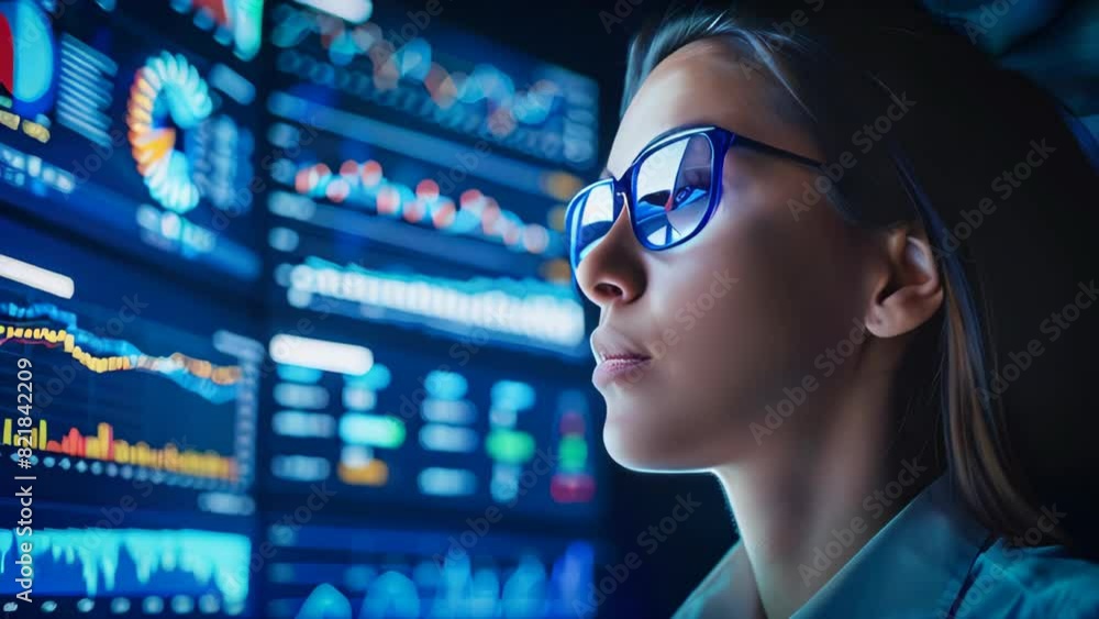 A young woman with glasses looking at data and graphs on a screen