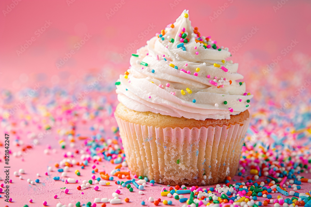 Sprinkled Cupcake with Whipped Frosting on Pink Background Sprinkled Cupcake with Whipped Frosting on Pink Background