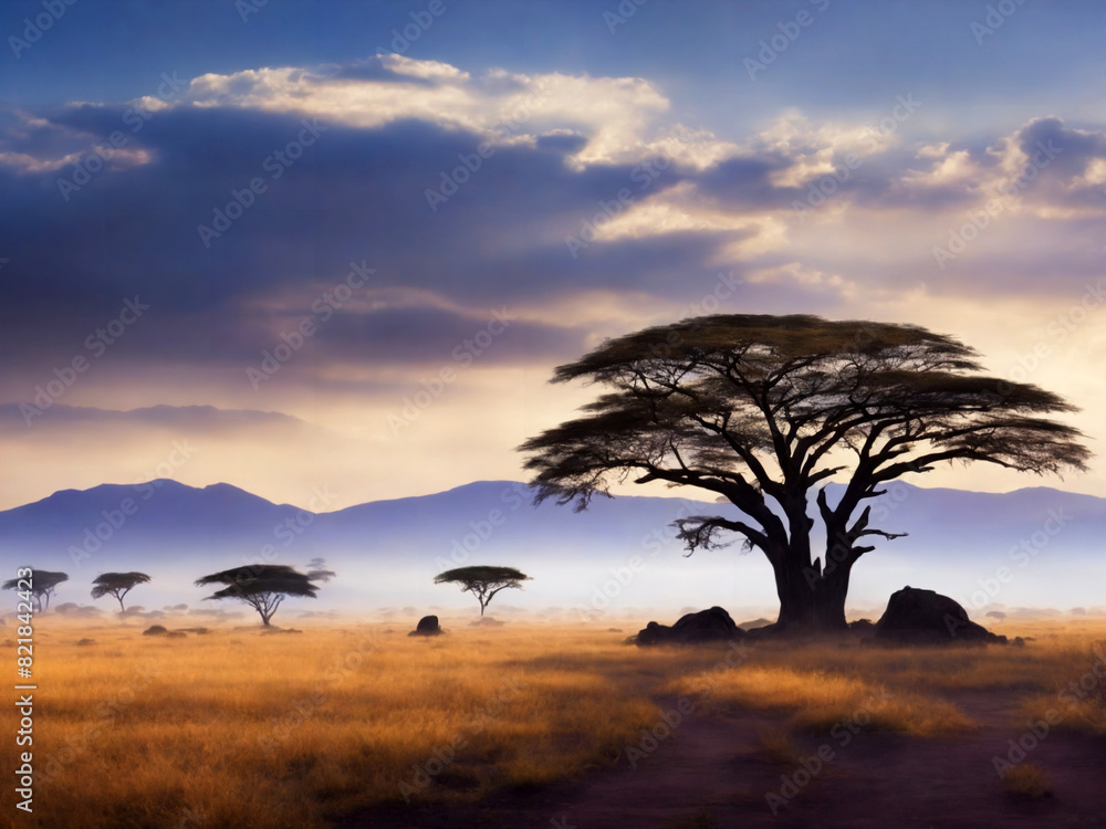 Fototapeta premium 3D render background African Twilight Beautiful landscape image with trees