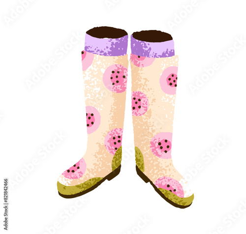Wellies, rain footwear. Waterproof gumboots with playful pattern. Garden rubber gum boots. Rainboots in colorful design. Trendy rainboots. Colored flat vector illustration isolated on white background