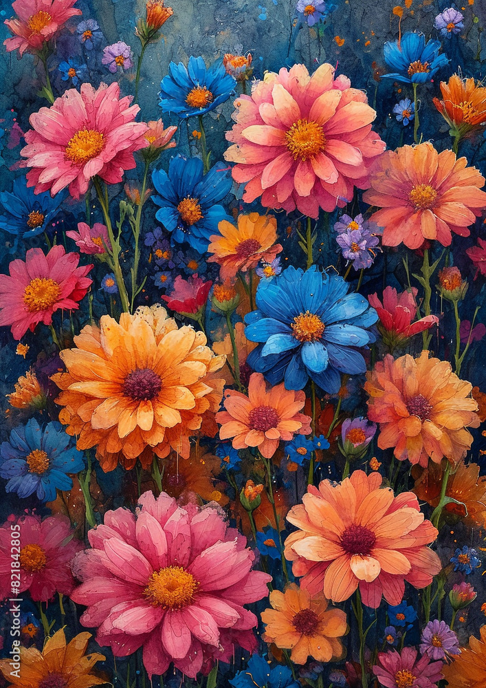 watercolour background of various densely packed European summer blossoms watercolour background of various densely packed European summer blossoms