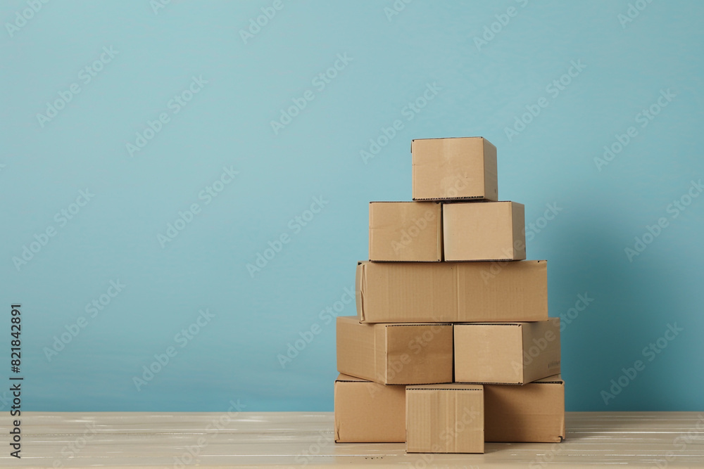 stack of cardboard boxes on a light wooden tabletop on blue wall background, copy space , small business concept stack of cardboard boxes on a light wooden tabletop on blue wall background, copy space , small business concept