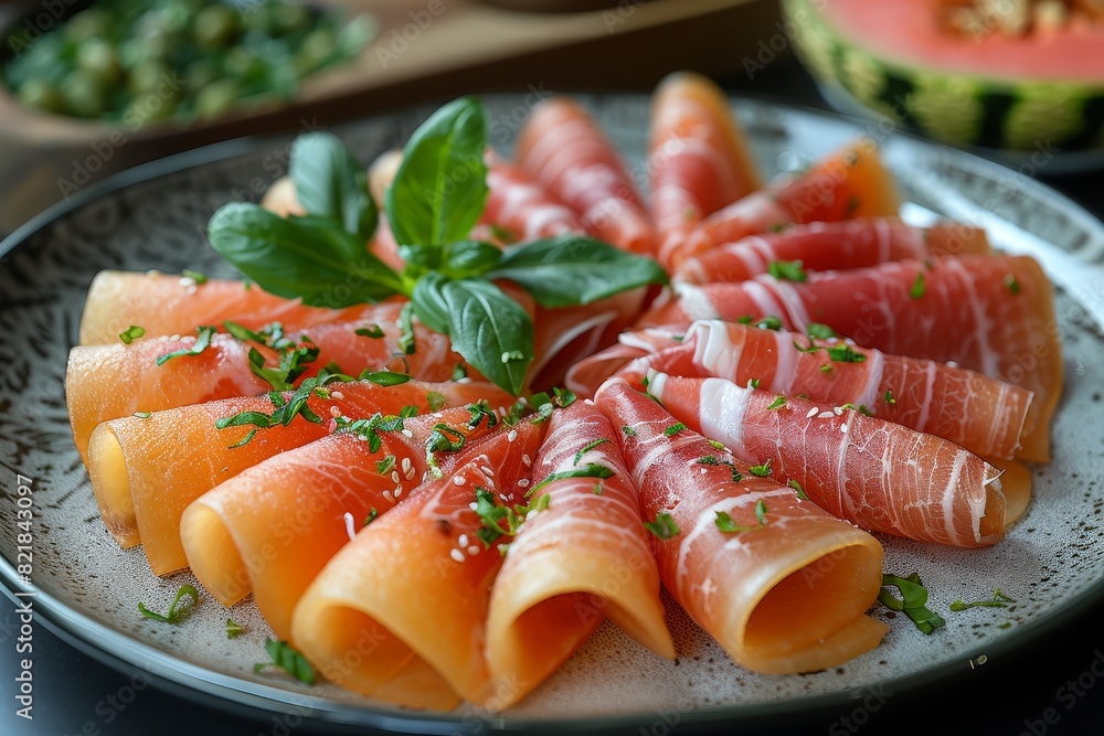 Prosciutto e Melone: Thin slices of prosciutto wrapped around sweet cantaloupe melon slices, arranged elegantly on a plate. Prosciutto e Melone: Thin slices of prosciutto wrapped around sweet cantaloupe melon slices, arranged elegantly on a plate.