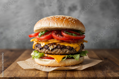  a delicious-looking hamburger with a sesame seed bun. The burger is loaded with toppings including a beef patty, melted cheese, lettuce, tomato slices, and what appears to be a tangy sauce.