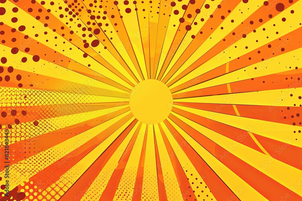 Fototapeta premium Abstract orange background with halftone dots and rays in the style of pop art