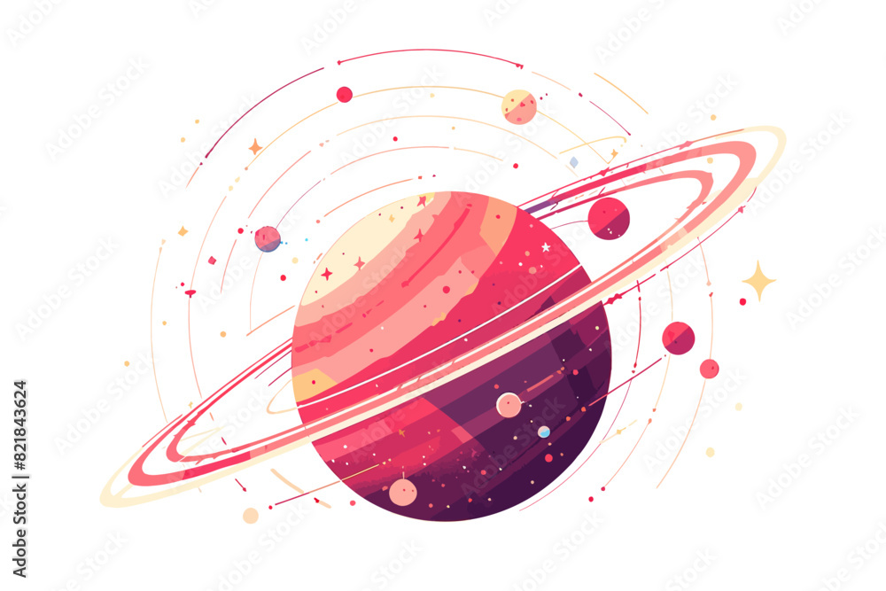 An illustration of a colorful planet with rings and cosmic elements. Flat vector illustration isolated. An illustration of a colorful planet with rings and cosmic elements. Flat vector illustration isolated.