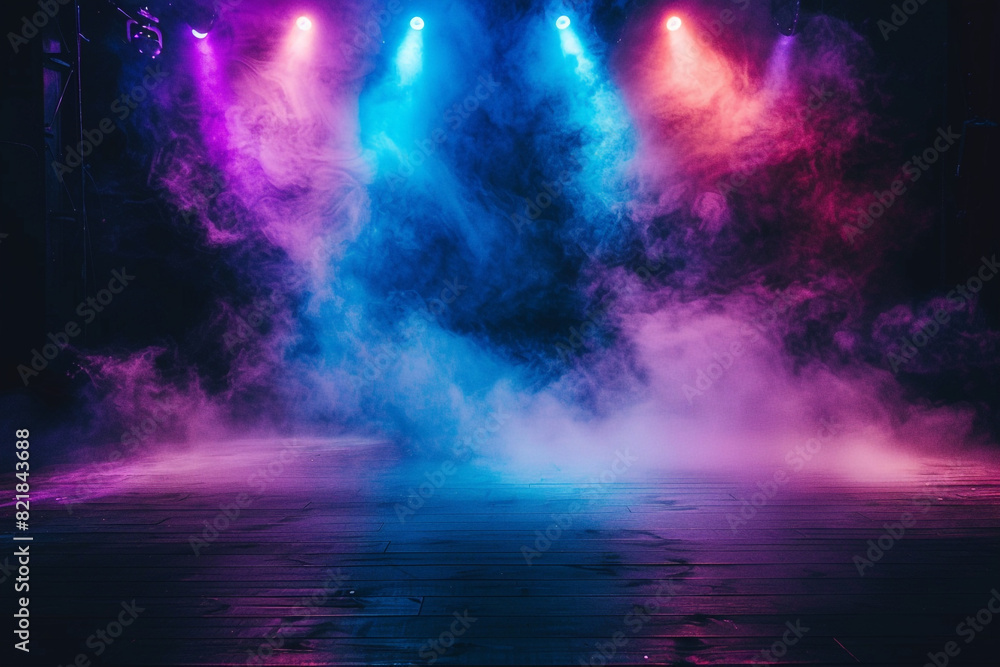 Stage light with colored spotlights and smoke Concert and theatre dark scene 