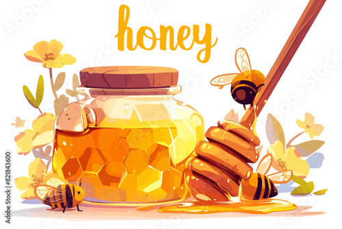 Honey Jar and Dipper with Bees Illustration. Flat vector illustration isolated.