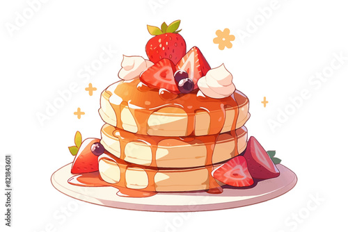 An illustration of pancakes stacked with berries and syrup, topped with whipped cream. Breakfast symbol. Flat vector illustration isolated.