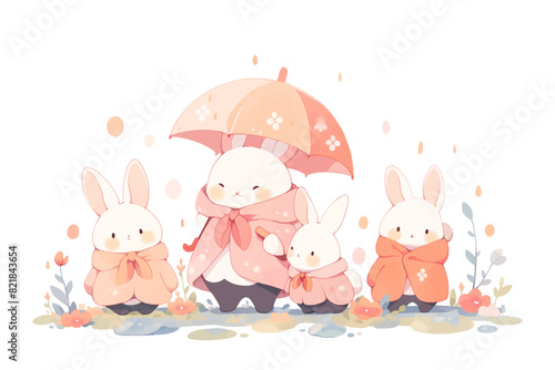 An illustration of a cute bunny family with an umbrella, wearing raincoats. Flat vector illustration isolated.