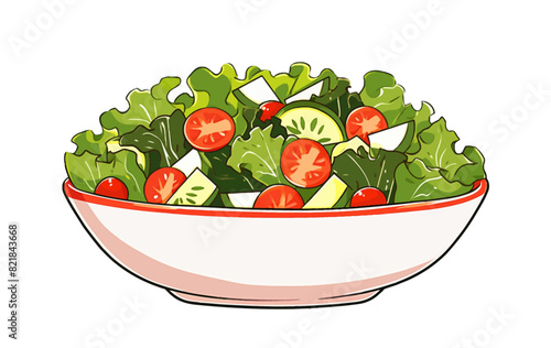 Bowl of fresh vegetable salad with tomatoes, cucumbers, and greens, flat vector isolated on white background.