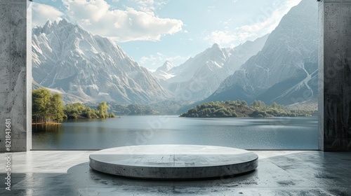 Elegant podium stage with a backdrop of a serene mountain landscape, perfect for luxury product presentations.