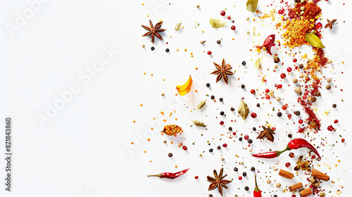 Different aromatic spices falling on white background
