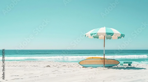 Serene beach scene with surfboard and umbrella on sandy shore by the ocean under a clear sky, perfect for summer travel destinations and relaxation.