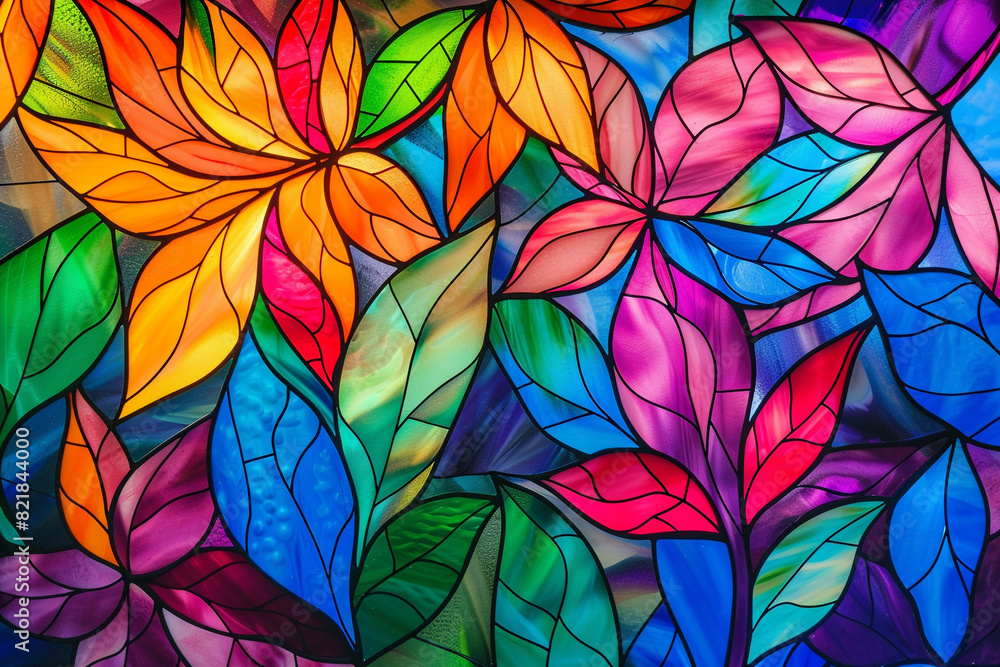 Stained glass window background with colorful Flower and Leaf abstract 