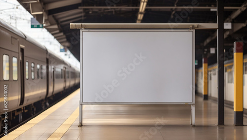 A blank billboard is on a train platform. A train is in the background.
