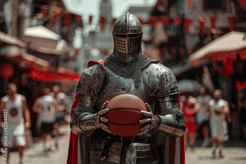 Medieval knight basketball player stands with a basketball before the game in the background of the arena