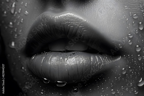 Close-Up of Wet Lips in Black and White Conceptual Beauty Art for Poster or Print Design