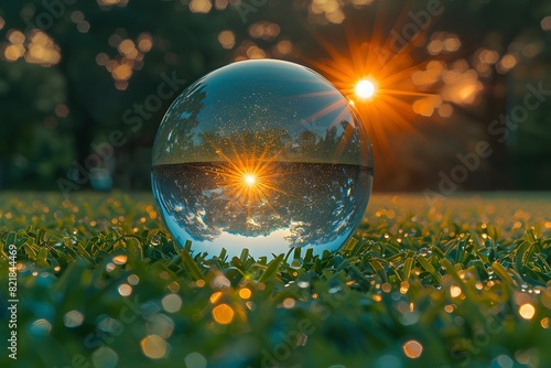 Sunset Reflection in Crystal Ball on Grass Nature Photography for Prints, Cards, Posters
