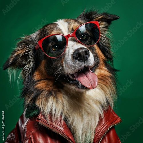 Photo of Realistic Australian Sheperd Wearing Red Leather Jacket and SunGlasses. Abstract concept. A dog stand and posing like a human. Studio composition. © Ty